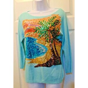Belle Pointe 3/4 Sleeve Sequin Top Women's Medium Palm Tree Beach Design VTG